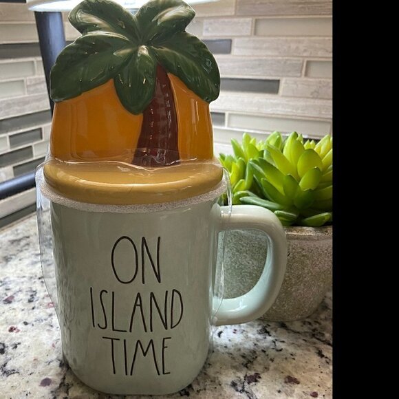 Rae Dunn On Island Time Coffee Mug with Lid Palm Tree Tropical - Picture 1 of 3